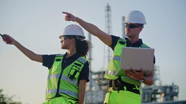 Industrial engineers inspecting an oil and gas refinery, reviewing plant operations and discussing maintenance, safety and energy infrastructure, refinery plant industry factory, Petrochemical plant.
