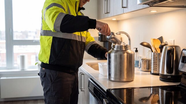 Delivery worker preparing a large insulated hydration jug before a shift in extreme heat