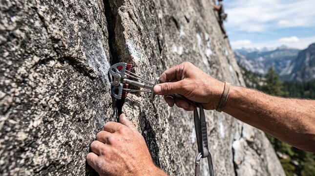 Climber placing a camming device in a rock crack during a challenging trad climbing ascent in the mountains, representing adventure, grit, and extreme sports focus.