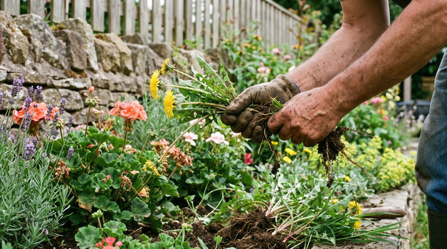 Middle-aged caucasian male gardener weeding flower bed in backyard, removing dandelions and invasive plants. Stock photo representing horticulture, landscaping and sustainable gardening.