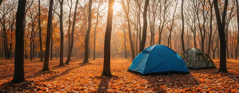 Blue, camouflage tents stand in autumn forest during sunrise. Golden sunlight shines through trees over orange fallen leaves. Outdoor camping site in peaceful woods provides perfect place for hiking