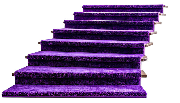 Purple carpeted stairs ascend, isolated on black background, eye-level view