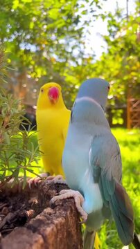 Beautiful blue and yellow ring-necked parrots in a sunny garden