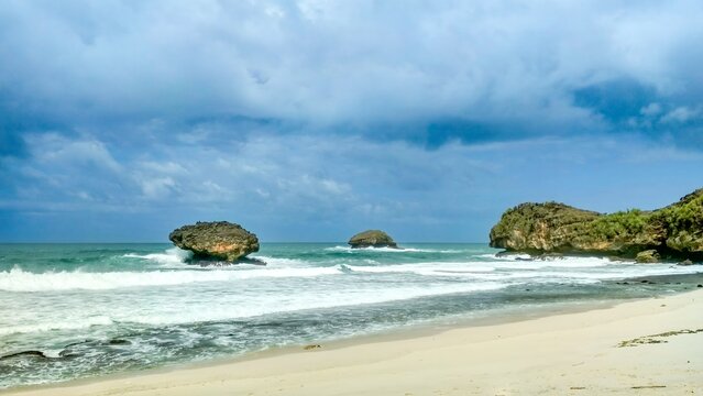 Srau Beach Coastline with Mushroom Rock Formations and White Sand in Pacitan East Java Indonesia
