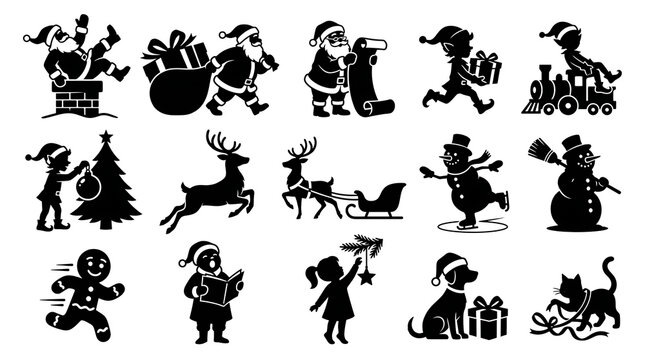 Set of black Christmas silhouette icons for holiday design isolated on white background, Vector