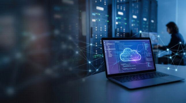 Cloud computing network server and laptop computer technology digital data infrastructure in server room