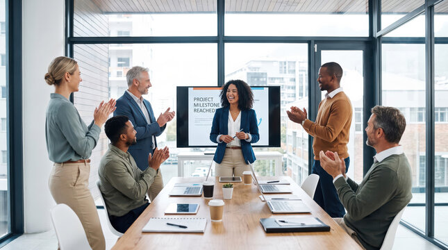 Diverse business team applauding a female manager for reaching a project milestone in a modern corporate office meeting room, celebrating success and teamwork together