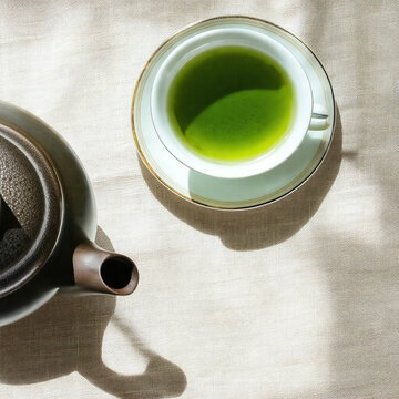 Japanese Green Tea Set with Clay Teapot and Cup in Natural Sunlight
