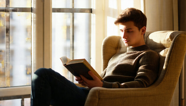 Young Man Reading Book while Sitting in Comfortable Armchair at Home