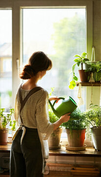 Woman from Back Watering Indoor Houseplants with Green Watering Can in Front of Window