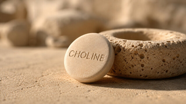 A round choline tablet rests on a sandy surface near a hollow ring made of a porous material. The setting appears natural and unrefined. The sunlight casts soft shadows