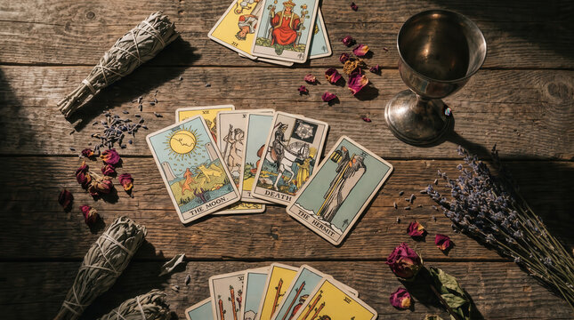 Tarot cards divination setup on a rustic wooden table with sage herbs crystal chalice and rose petals representing mysticism spiritual guidance and esoteric practice