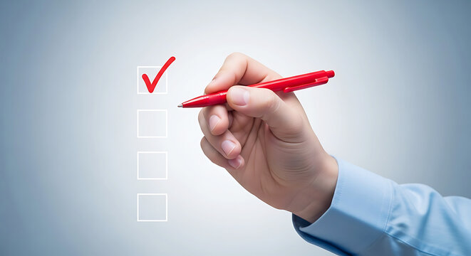Hand holding red pen marking check in box of four white checkboxes on light background checkmark