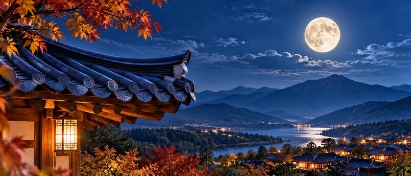 보름달이 뜨는 가을 밤 전통 한옥 마을의 아름다운 풍경, 추석 명절 배너 배경. 카피스페이스.