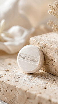 A magnesium tablet rests on a textured stone surface. Nearby, there is a soft white flower and cloth, creating a natural and serene setting during daylight hours