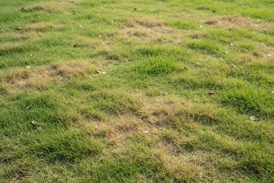 Green grass lawn with patchy dry brown areas on uneven turf surface. Natural outdoor ground texture background shows meadow with dead vegetation. Minimal landscape under bright daylight needs garden