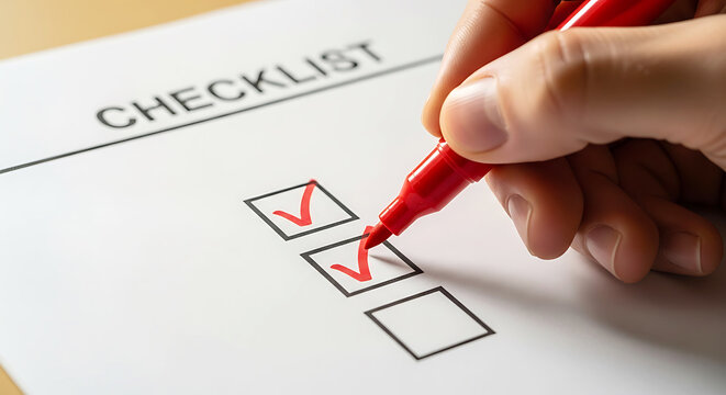 Hand marking checklist with red pen on white paper 1