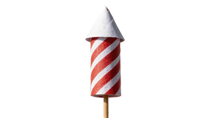 Red and white striped firework rocket on wooden stick, isolated on transparent background © Lilia