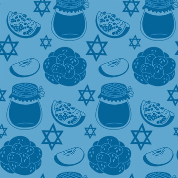 Jewish pattern featuring blue background with Star of David, honey jars, pomegranates, and traditional sweets, suitable for holiday-themed designs and decorations