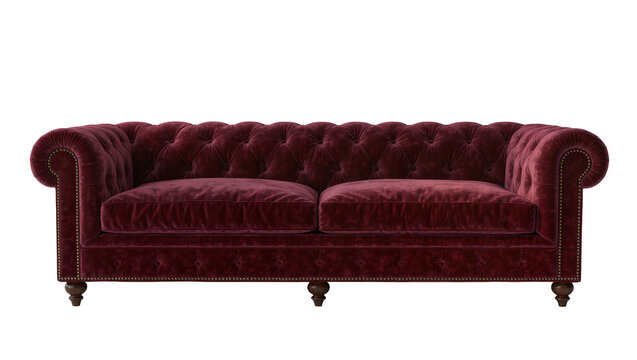 Deep red velvet Chesterfield sofa with button tufting, isolated on transparent background