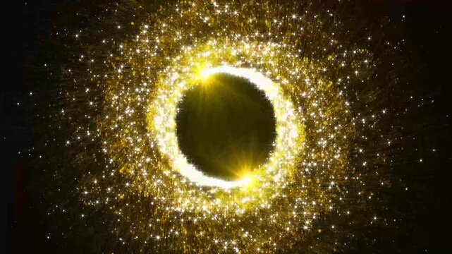 Abstract golden glitter bokeh with twinkling stars, sparkling fairy dust particles, glowing shimmer and magical light trail, luxury comet tail transition on black background, seamless. 4K video