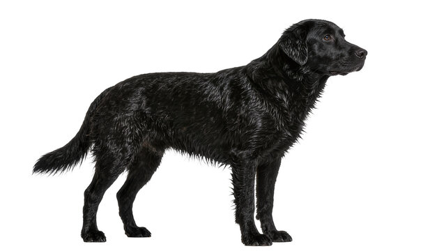 Wet black Labrador Retriever dog standing alert, isolated on transparent background