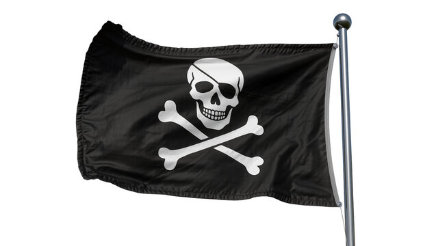 Black pirate flag with skull and crossbones, isolated on transparent background
