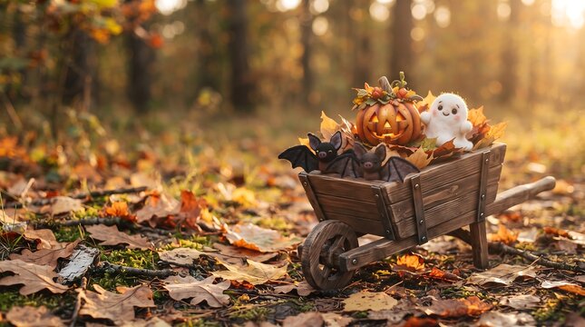 Charming halloween scene with a miniature wooden cart filled with pumpkins a ghost and bats in autumn leaves