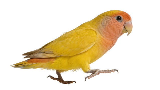 Yellow and pink lovebird parrot walking, isolated on transparent background