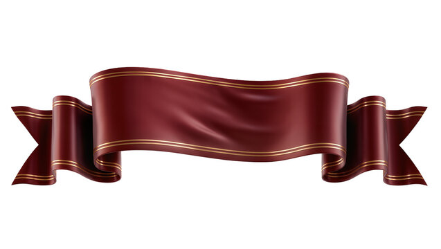 Elegant burgundy ribbon with gold trim, isolated on transparent background