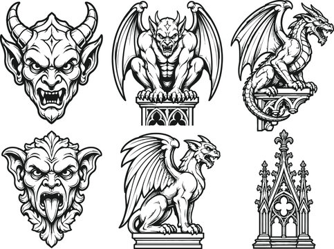 Set of gothic gargoyle stone statues and demon heads