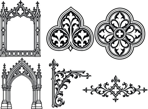 Set of decorative gothic architectural ornaments and frames