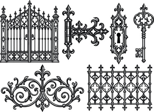 Vintage ornate iron gates and decorative metal elements set