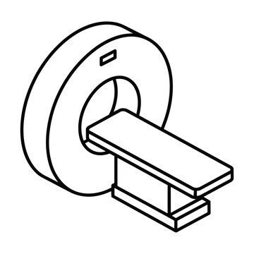 Medical ct scanner line art with a circular gantry and patient bench in an isometric view on a clean white background modern healthcare technology concept