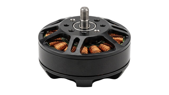 Brushless motor for drone propulsion featuring copper wire windings and aluminum casing isolated on transparent background cutout image for aircraft