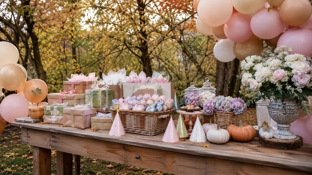 Wooden table with gifts, balloons, pumpkins and flowers decorated for children birthday party in autumn garden. Festive outdoor celebration with pastel decor, sweets and party hats in fall park.