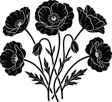 Floral Poppy Bouquet Silhouette Vector Illustration Design