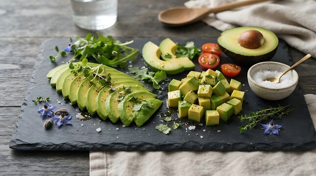 Fresh avacodo slices and cubes beautifully arranged on a dark slate board with sea salt, cherry tomatoes, and edible flowers for a healthy gourmet meal