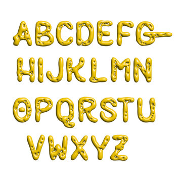 Yellow 3d alphabet letters A to Z bubbly font with holes isolated on transparent background.