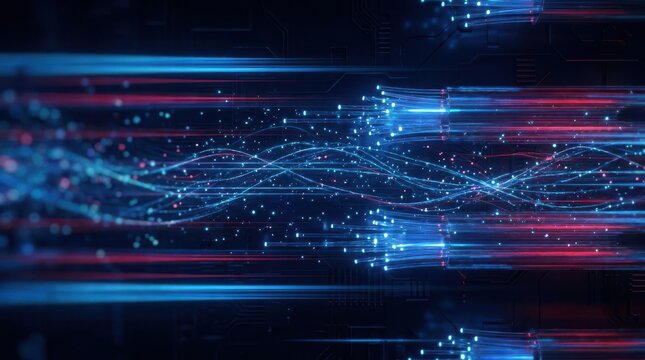 High-speed data transmission visualization featuring glowing fiber optic strands, digital communication networks, and abstract technology background.