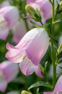 Close up of pink campanula bellflower with green leaves, buds. Macro view shows delicate petals, fine texture in garden. Summer blooming perennial plant grows in sunny nature landscape. Beautiful