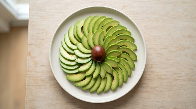 A beautifully sliced fresh avacodo artfully arranged in a floral rosette pattern with its seed in the center on a white plate over a light wooden table surface