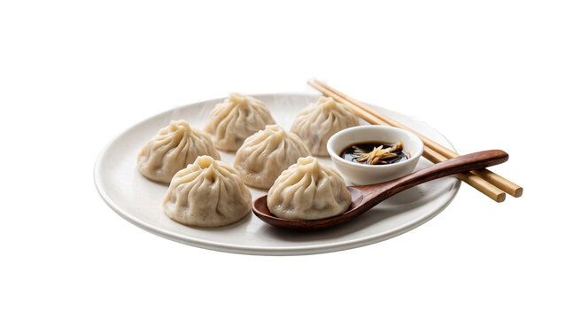 Xiao long bao steamed dumplings on plate with dipping sauce and wooden spoon, isolated on transparent background cutout image for asian food concepts