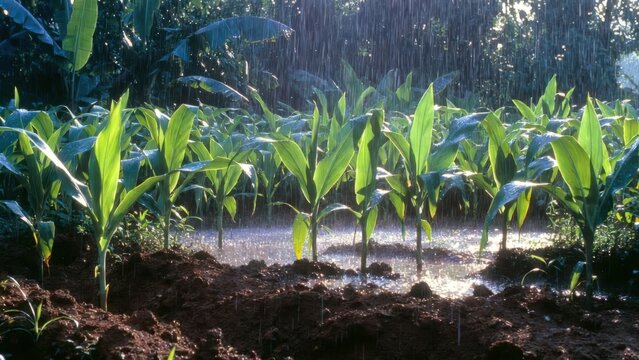Lush organic turmeric field under heavy tropical rain, showcasing wide rows of green foliage in a cinematic widescreen agricultural scene that celebrates natural hydration and farm growth.