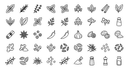 Fototapeta premium Herbs and spices thin line outline icon set with seasoning and aromatic ingredient symbols
