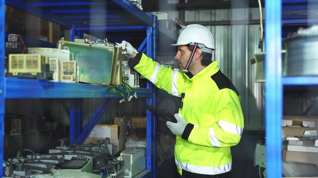 Industrial engineer inspecting a robotic arm machine in an automated manufacturing factory, robotics, automation, smart manufacturing, machine maintenance, quality control and Industry 4.0 technology.