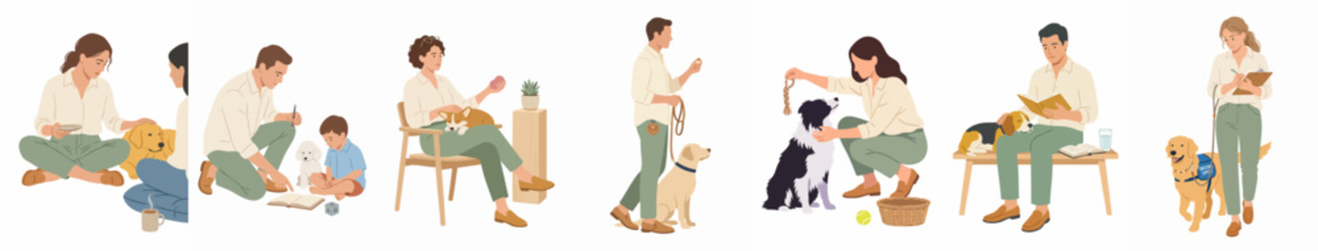 Flat vector illustrations of people interacting with pet dogs in daily activities including grooming, walking, training, and bonding on a white background.