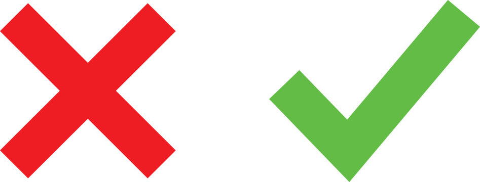 Red cross mark and green check mark symbols isolated on a white background