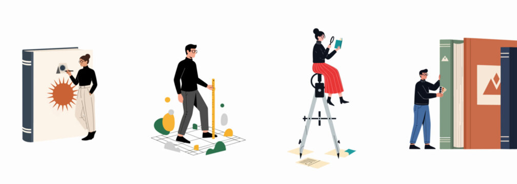 Flat vector illustrations of people interacting with books and design tools, symbolizing creativity, education, architecture, and the joy of learning.