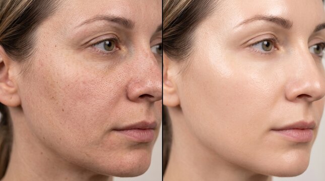 Split face comparison showing dull skin texture before and smooth radiant skin after skincare